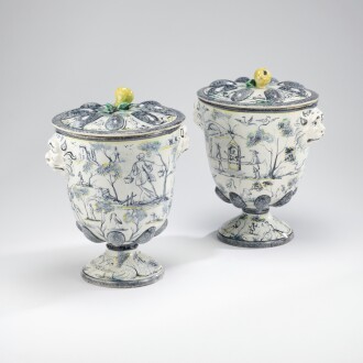 View 1 of Lot 314: A pair of Savona maiolica vases and covers, in 18th Century style