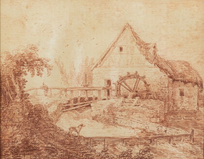 Catalog image of A Water Mill with a Peasant on a Bridge and a Dog Standing on the Riverbank | U…