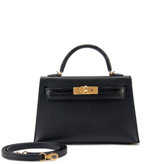 View 1 of Lot 7771: Black Madame and Shiny Alligator Touch Mini Kelly II 20 Gold Hardware, 2022