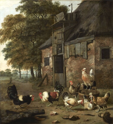 Catalog image of dirck wijntrack | poultry yard with two cocks fighting