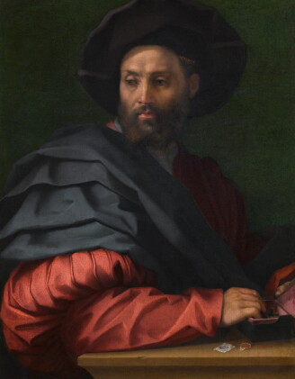 Catalog image of Portrait of a man (Ottaviano de' Medici?) wearing a large hat, with a box of wa…
