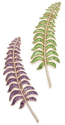 Catalog image of two gem-set and diamond clip-brooches, michele della valle