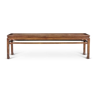 View 1 of Lot 116: A 'huanghuali' corner-leg long bench (Errendeng), Qing dynasty, 18th century | 清十八世紀 黃花梨有束腰羅鍋棖馬蹄足貳人凳