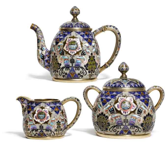 A Fabergé silver-gilt and cloisonné enamel tea service, workmaster Feodor Rückert, Moscow, Estimate £60,000-80,000