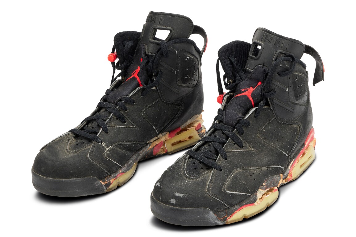 This pair of Air Jordan 6s was worn by Michael Jordan during his 1990-91 season playoff run. Sold by Sotheby’s New York in 2024 for $33,600