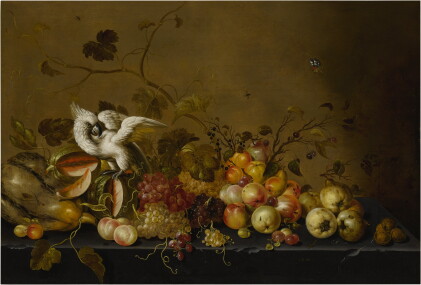 Catalog image of still life with fruits on a ledge and a white cockatoo