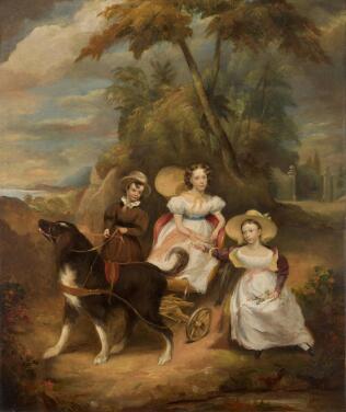 View 1 of Lot 90: Portrait of three children, possibly the Mcgillycuddy family, with a dog cart in a landscape
