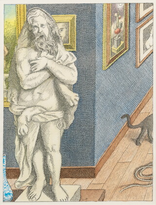 Catalog image of une sculpture en marbre représentant hercule posée à côté d’un petit vase bleu,…