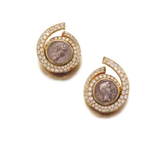 View 1 of Lot 78: Bulgari | Pair of Twenty-Karat Gold, Ancient Coin and Diamond Earclips     20K黃金鑲古代錢幣及鑽石耳環一對