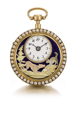 Catalog image of 'the barking dog' a very fine, rare and small gold, enamel and pearl-set open-f…
