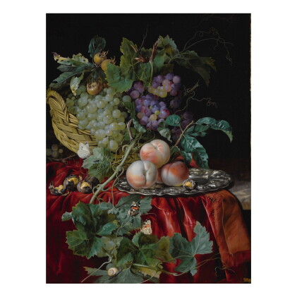 Catalog image of still life with grapes in a basket, peaches on a silver dish, medlars, two butt…
