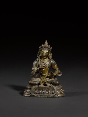 View 1 of Lot 180: A rare small cold-painted bronze figure of Manjushri Mark and period of Qianlong | 清乾隆 鎏金銅菩薩坐像 《大清乾隆年敬造》款