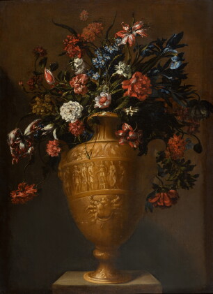 Catalog image of Still life with tulips, carnations, an iris and other flowers in an urn sculpte…