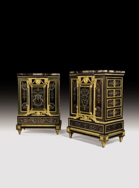 View 1 of Lot 130: A pair of Louis XVI style ebony, engraved brass and pewter, tortoiseshell 'Boulle' marquetry meuble d'Appui, by Henri Dasson (1825-1896), Paris, one circa 1875, the other dated 1878