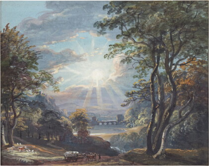 Catalog image of A wooded landscape with a setting sun