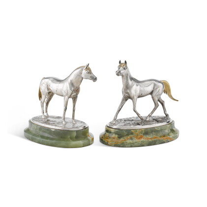 Catalog image of A pair of parcel-gilt silver horse models, Garrard Ltd, London, 1975
