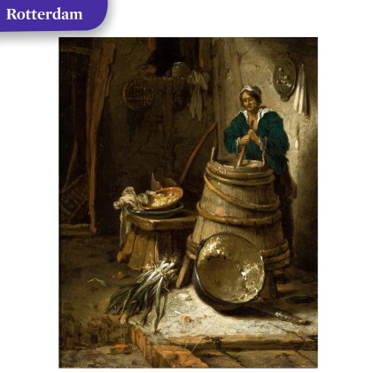 Catalog image of Barn interior with a woman churning butter