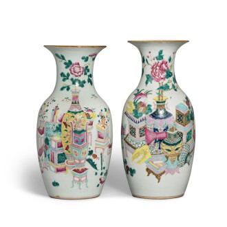 View 1 of Lot 638: Two famille-rose 'hundred antiques' vases, Qing dynasty, 19th century | 清十九世紀 粉彩博古圖瓶一組兩件
