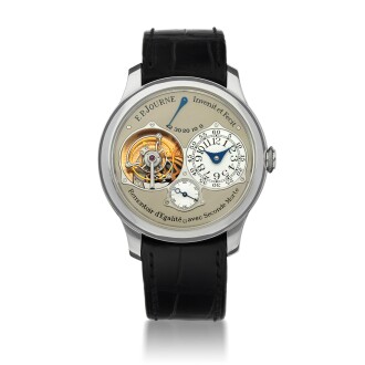View 1 of Lot 47: Tourbillon Souverain Platinum tourbillon wristwatch with constant force device, dead beat seconds and power reserve indication Circa 2005 | F.P. Journe「Tourbillon Souverain」鉑金陀飛輪腕錶備恆動力裝置、跳秒功能及動力儲存顯示，年份約2005