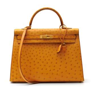 View 1 of Lot 315: Saffron Sellier Kelly 35 in Ostrich Leather with Gold Hardware, 1996