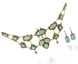 View 1 of Lot 33: Enamel, turquoise devant de corsage and a pair of earrings   (Devant de corsage in smalto, turchesi e un paio di orecchini)
