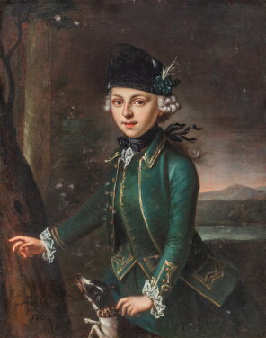 View 1 of Lot 770: Portrait of a boy in a hunting dress with a dog  