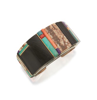 View 1 of Lot 374: Silver, Wood and Gem-Set Cuff-Bracelet