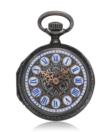 Catalog image of A silver and enamel open faced watch with engraved scene of St. George and the …
