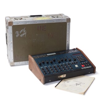 View 1 of Lot 30: Afrika Islam's Oberheim DMX drum machine, used by him to produce Ice T's “6 In The Mornin” and “Colors” [1982], with bassline for both still programmed in. Signed by both of them.