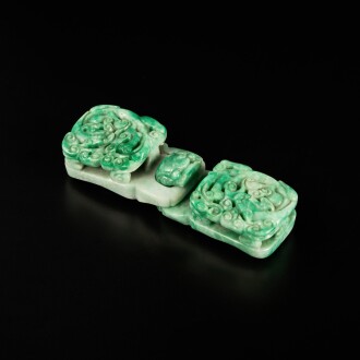 View 1 of Lot 217: A jadeite 'chilong' belt buckle, Late Qing dynasty | 清末 翠玉雕螭龍紋帶扣
