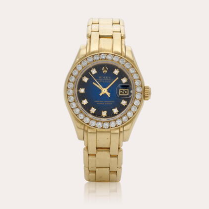 Catalog image of Pearlmaster, Reference 69298 | A yellow gold and diamond-set wristwatch with da…