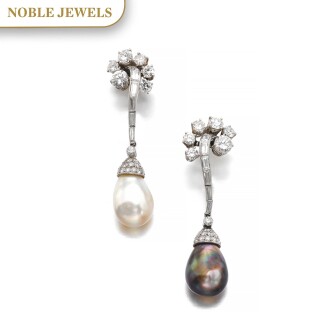 View 1 of Lot 660: Bulgari | Pair of natural pearl and diamond pendent ear clips, circa 1957 | 寶格麗 | 天然珍珠配鑽石耳墜一對，約1957年