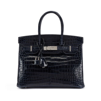 View 1 of Lot 71: Blue Marine Shiny Porosus Crocodile Birkin 30 Palladium Hardware, 2014