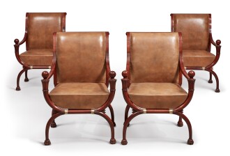 View 1 of Lot 154: A Set of Four Directoire Mahogany Fauteuils en Curule Attributed to Georges Jacob, After a Design by Charles Percier, Circa 1800