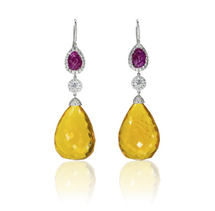 Catalog image of pair of ruby, opal and diamond pendent earrings