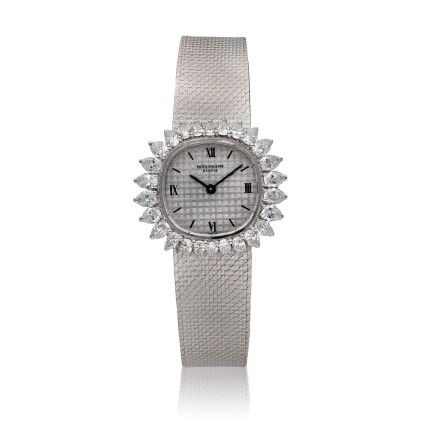 Catalog image of Reference 3391/1, A white gold and diamond-set cushion shaped bracelet watch, C…