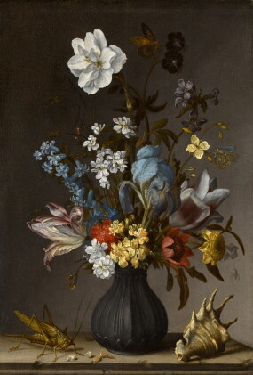 Catalog image of Flowers in a vase on a stone ledge with a sea shell and a grasshopper | 《靜物：石架上…