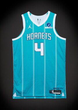 View 1 of Lot 50: Sion James ‘Rookie Debut’ Charlotte Hornets 2025-2026 NBA Tip-Off Game Worn Icon Edition Jersey