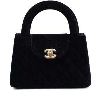 View 1 of Lot 102: Black Velvet Mini Kelly Shopper Brushed Gold Hardware