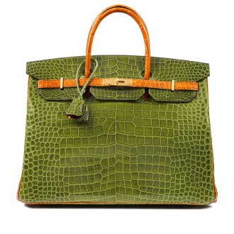 View 1 of Lot 341: Vert Pelouse and Pain d'Epice Shiny Porosus Crocodile HSS Birkin 40 Brushed Gold Hardware, 2019