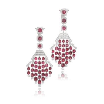 Catalog image of Pair of spinel and diamond pendent ear clips