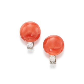 View 1 of Lot 109: Pair of Coral and Diamond Earclips