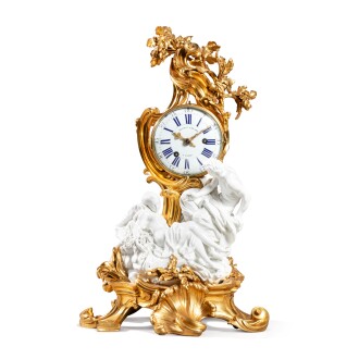 View 1 of Lot 749: A Louis XV gilt-bronze and Vincennes porcelain mantel clock, supplied by Claude Le Boitteux in 1749, the gilt-bronze attributed to Jean-Claude Chambellan Duplessis