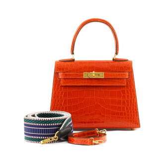 View 1 of Lot 41: Orange H Shiny Alligator Mini Kelly 20 Gold Hardware, 1999