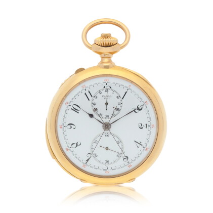 Catalog image of Yellow gold open faced minute repeating split second chronograph watch Circa 18…