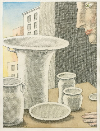 Catalog image of un homme examinant des pots et vases et assiettes sur une table devant une fenêtre