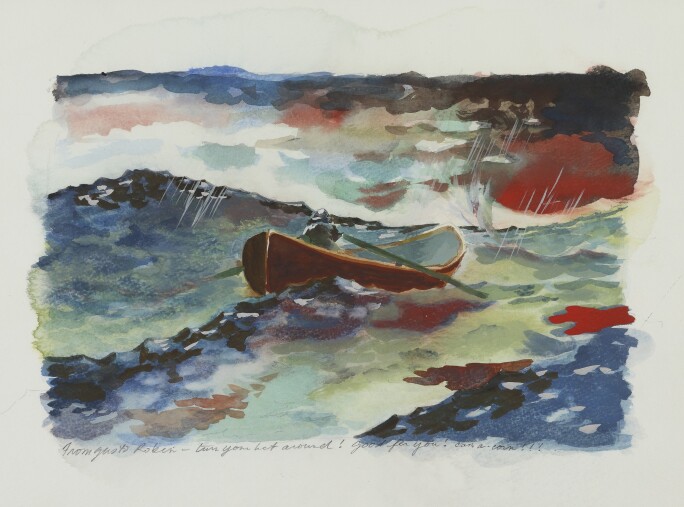 Watercolor of a man in a rowboat amid turbulent waters.