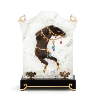 View 1 of Lot 25: A French obsidian, silver-gilt and rock-crystal sculpture representing a horse, Mellerio, Paris, 1991 | Sculpture en obsidienne, vermeil et cristal de roche représentant un cheval par Mellerio, Paris, 1991