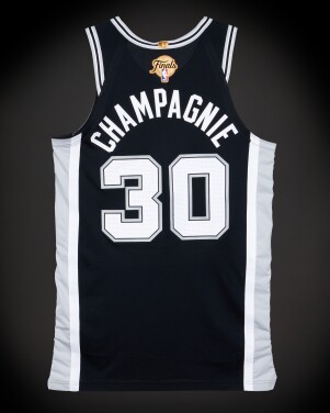 View 1 of Lot 16: Julian Champagnie ‘NBA Finals Debut’ San Antonio Spurs 2026 NBA Finals Game Worn Icon Edition Jersey | Game 1 | Double-Double | Spurs Franchise Record For Made 3-Pointers In A Half