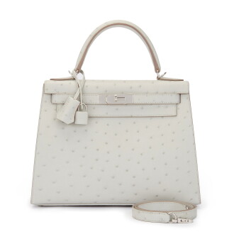View 1 of Lot 17: Gris Perle Ostrich Sellier Kelly 28 Palladium Hardware, 2021